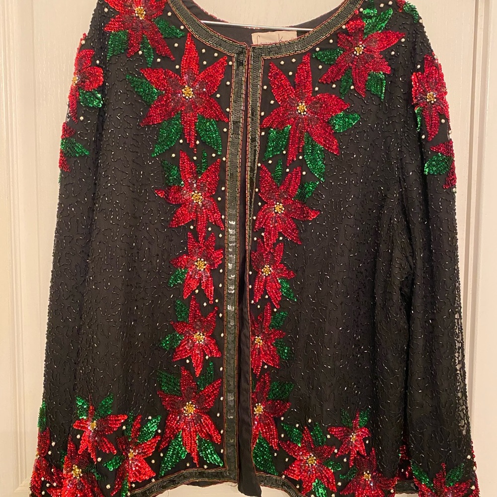 Festive Black Cardigan with Red and Green Floral Design